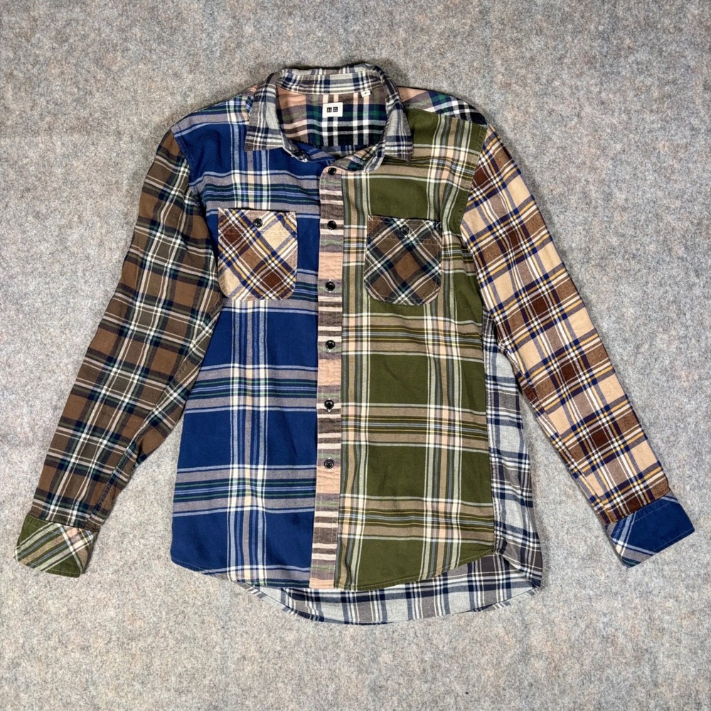 Uniqlo Flannel Shirt Mens M Multi Color Patchwork Plaid Button Down 332-080903